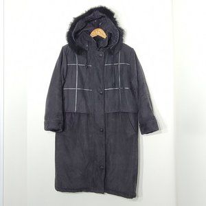 Vintage Black Hooded Faux Fur Trim Puffy Winter Jacket Zip Classic Pockets Coat